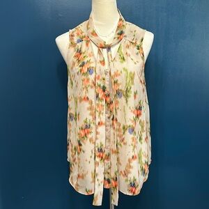 HALOGEN Nordstrom Floral Sleeveless Tie Neck Blouse EUC Size Large Petite